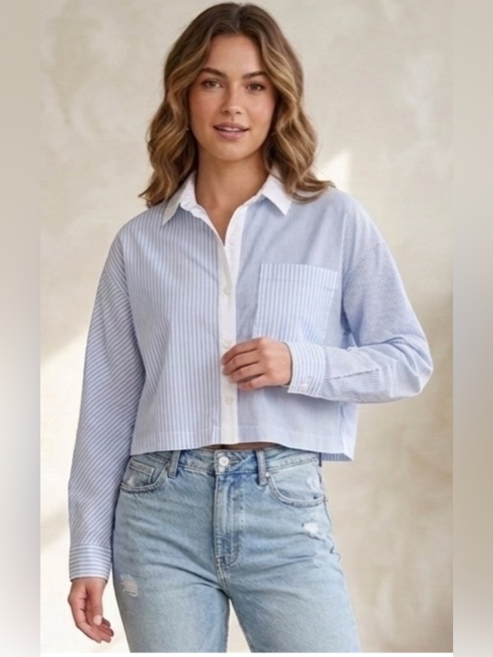 SO Goods For Life Striped Cropped Button Down Shirt Blue White Size L⁠
